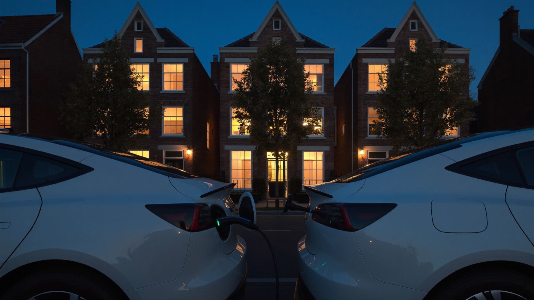 Electric car charging in the evening outside a home