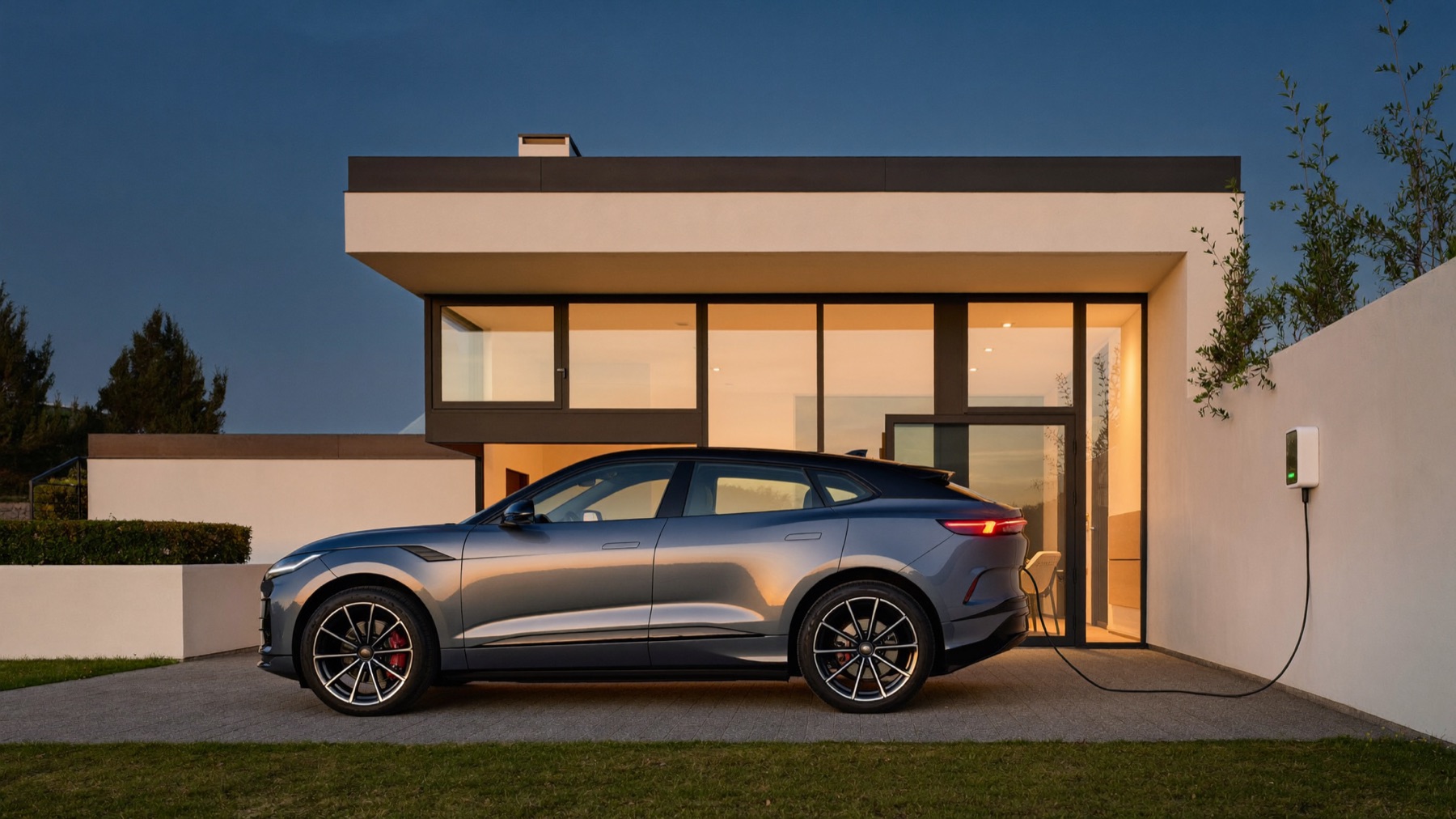 Electric car charging at home in the driveway